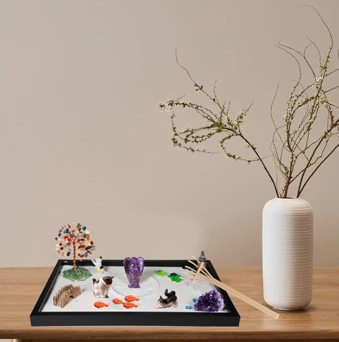 Zen Garden for Desk, with Crystals and Healing Stones & Cat Figurines, Miniature Meditation Sand Garden Stress Relief Desk Decor, Tools for Relaxation and Mindfulness