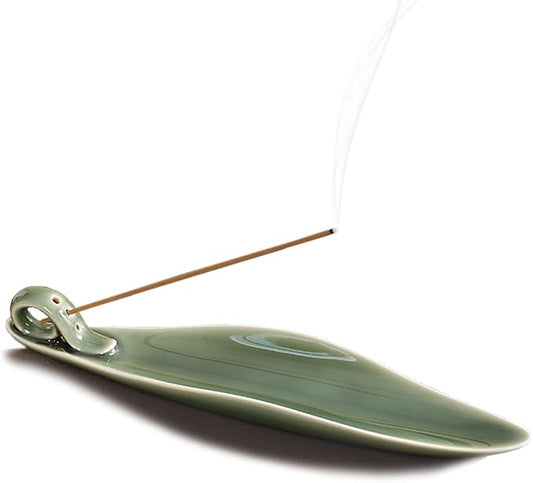 9" Length Incense Stick Holder with 3 Holes, White Porcelain Incense Tray Ash Cather for Spa, Meditation Room, Yoga, Home, Office (Green)