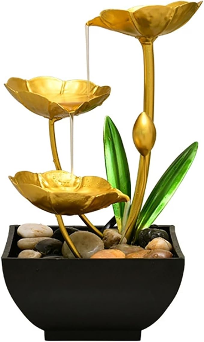 Gold Tabletop Water Fountain, Fall Decor Desktop Waterfall, Indoor Lotus Desktop Decorative Fountain, Home Bathroom Bedroom Decor.