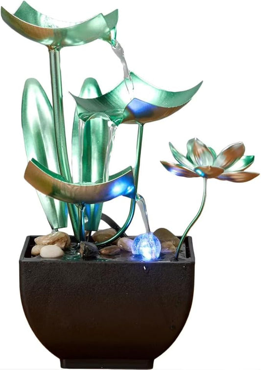 Tabletop Water Fountain: 3-Tier Tabletop Fountain Lotus Desk Relaxation Home Decor - Blooms and Leaves Flowing Water for Relaxing Décor Green
