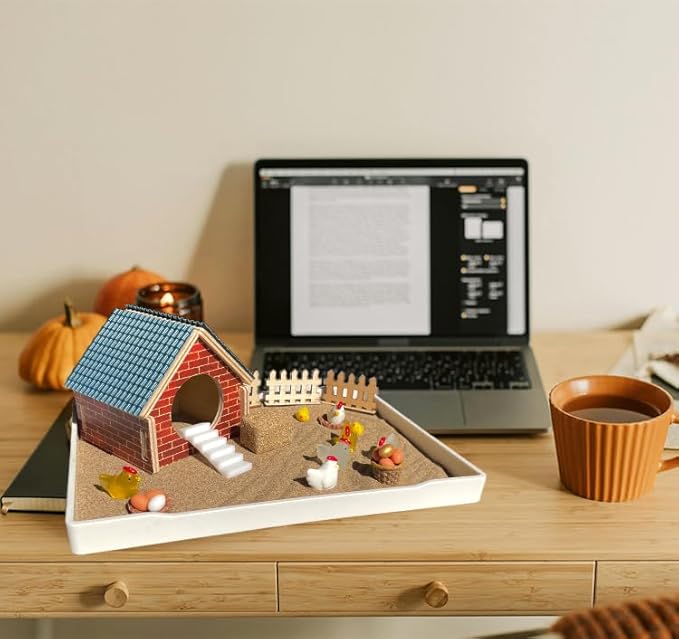 Threeheng Chicken Zen Garden Kit - Sand Tray Therapy Kit with Miniature Chicken Coop, Hen Figurines, and Accessories - Desk Sand Box for Meditation and Stress Relief - Fun Gift