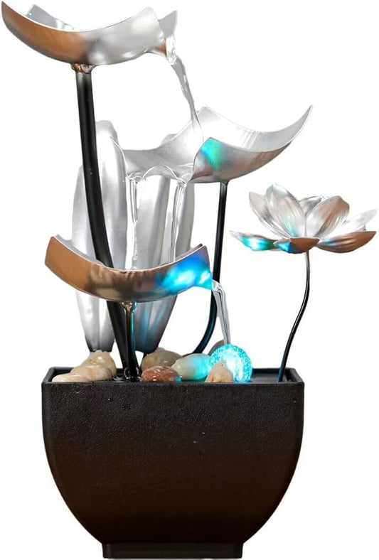 Tabletop Fountain Fountain Water Feature for Zen Home Decor: Deep Basin & Natural River Rocks - Zen Relaxation for Office, Living Room Silver