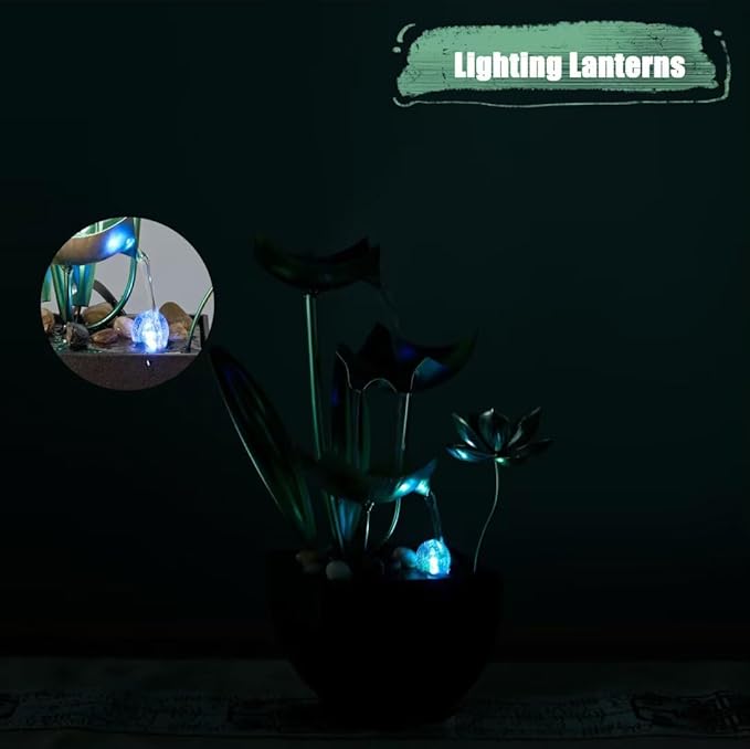 Tabletop Water Fountain: 3-Tier Tabletop Fountain Lotus Desk Relaxation Home Decor - Blooms and Leaves Flowing Water for Relaxing Décor Green