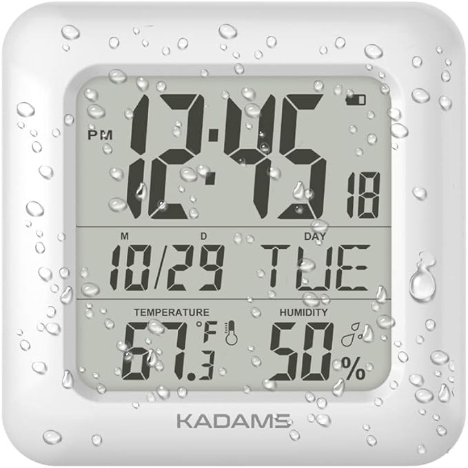 KADAMS Bathroom Clock 9.5" Kitchen Wall Clock with Large LCD Screen – Shower Clock with Suction Cup,Temperature, Humidity, Calendar – Water-Resistant, 4 Mounting Options, White