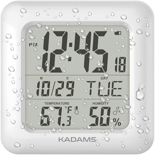KADAMS Bathroom Clock 9.5" Kitchen Wall Clock with Large LCD Screen – Shower Clock with Suction Cup,Temperature, Humidity, Calendar – Water-Resistant, 4 Mounting Options, White