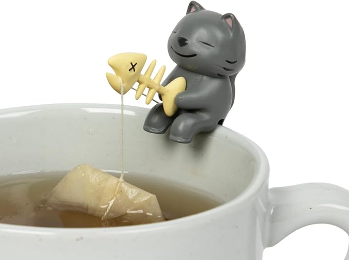 Tea Mates - 1pc Cute Fishing Cat - Tea Bag Holder and String Rest - Tea Accessory for Cup and Mug - Unique Funny Novelty Toy Gift Idea - Animal Figurine Drink Marker
