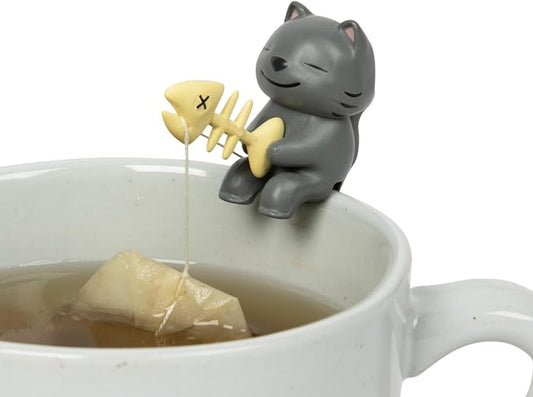 Tea Mates - 1pc Cute Fishing Cat - Tea Bag Holder and String Rest - Tea Accessory for Cup and Mug - Unique Funny Novelty Toy Gift Idea - Animal Figurine Drink Marker