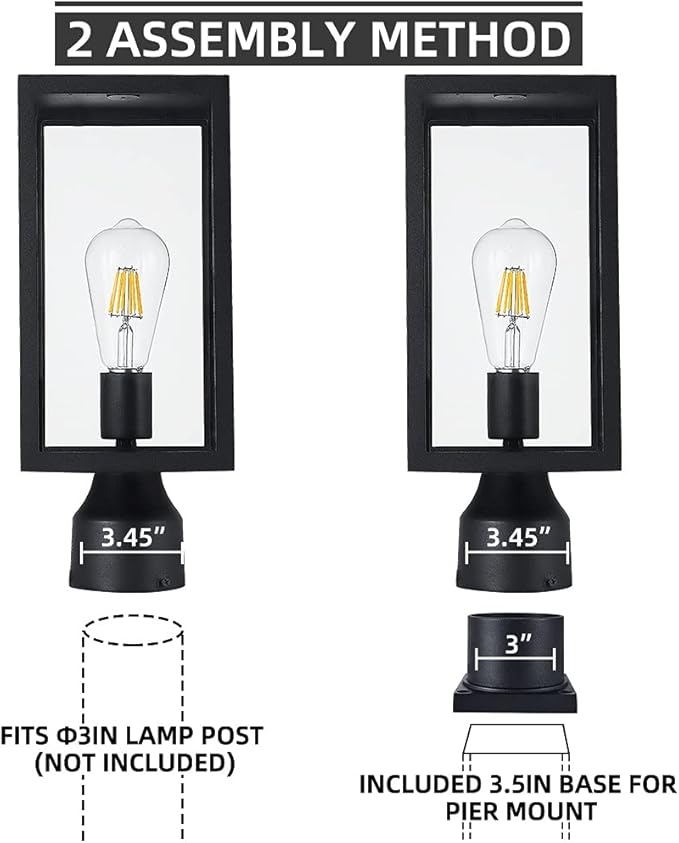 Large 15 inch Outdoor Post Light,Waterproof Cast Aluminium Lamp Post Light Fixture,Post Lantern with Pier Mount Base,Matte Black,Suitable for Garden,Yard,Driveway,etc