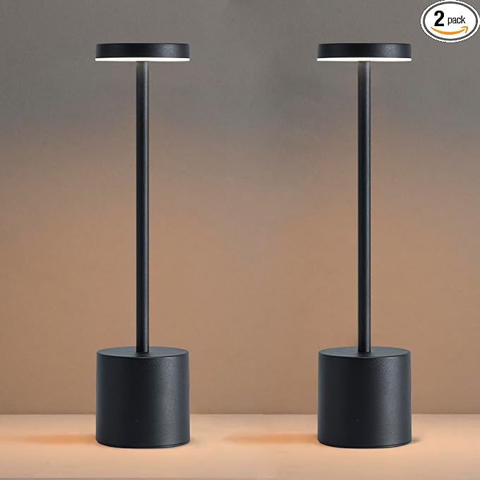 LED Cordless Table Lamp Set of 2, Portable 5000mAh Rechargeable Table Lamps, Touch Control Outdoor Table Lamp, 3 Color Dimmable Cordless Table Light For Dinner, Patio, Bedroom, Restaurant - Black