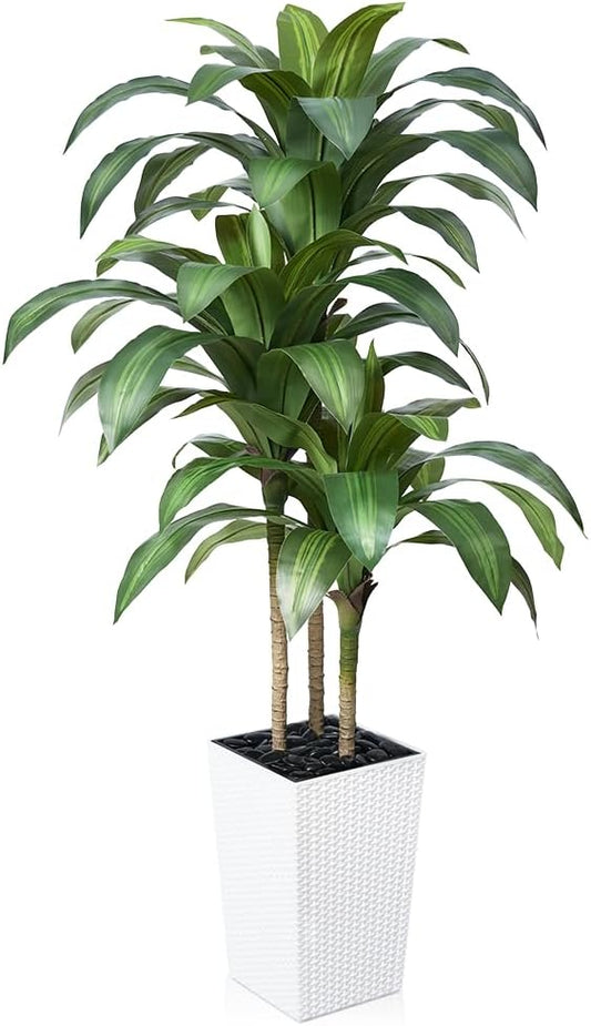 Artificial Dracaena Tree 5FT - Fake Tree with White Taper Planter & Pebbles - UV Resistant Faux Yucca Tropical Plant - Artificial Trees for Home Office Living Room Decor Indoor Outdoor