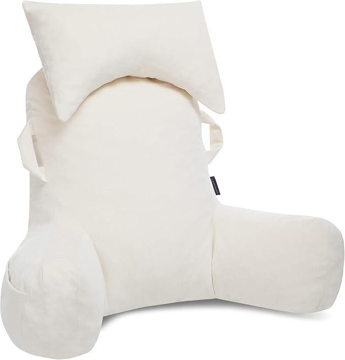 Portable Reading Pillows with Headrest for Bed Sitting Up(Beige Oeko-Tex), Velvet Back Pillow with Arms & Pockets for Adults, Support Memory Foam Bed Pillow for Dorm/Reading/Watching/Gaming