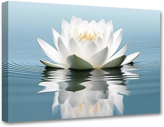 LZIMU Zen Canvas Wall Art White Lotus Flower Bloom in Water Picture Prints Teal Blue Artwork Bathroom Decor Framed for Yoga Spa Meditation Room (Zen-3, 28"x42")