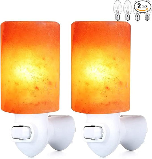 Himalayan Salt Lamp Plug in Night Light 2 Pack, 360 Degree Adjustable Wall Plug & Extra 4 Replacement Bulbs Bathroom Bedroom Night Light, Pink Crystal Rock Salt Hand Crafted Cylinder Size