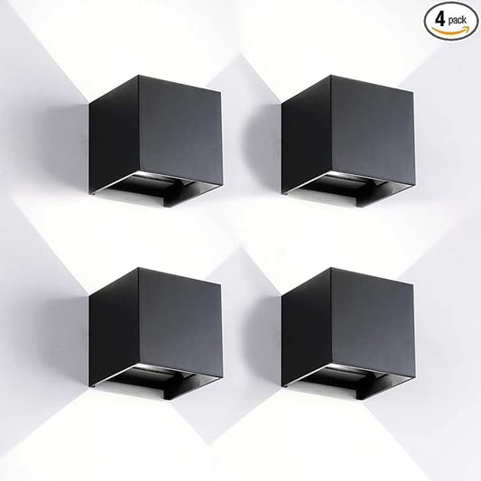 4 Pack Outdoor Wall Lights Exterior/Interior LED Wall Sconces IP65 Waterproof Square Aluminum Wall Lamps Outdoor Lighting Fixture Up and Down Lights Modern Black 12W 6500K Cold Lights