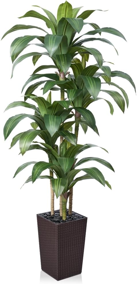 Artificial Dracaena Tree 6FT - Fake Tree with Brown Taper Planter & Pebbles - UV Resistant Faux Yucca Tropical Plant - Artificial Trees for Home Office Living Room Decor Indoor Outdoor