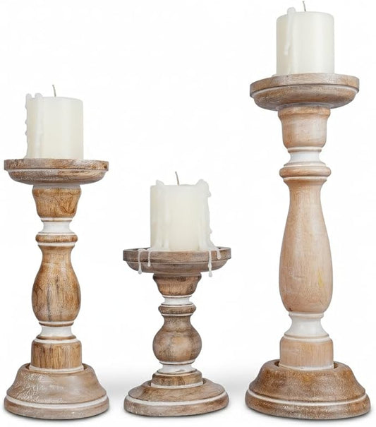 Mela Artisans Wooden Pillar Candle Holders | Tuli Design | Set of 3 Mango Wood Candlesticks | Whitewash | Sizes 6" & 9" & 12" | Decorative Centerpiece for Table | Mantel | Wedding | Living Room Decor