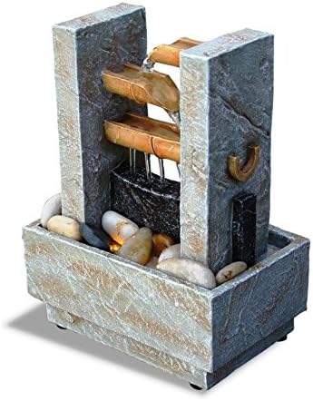 Nature's Mark 8" H Cascading Bamboo Tabletop Water Fountain with Natural River Rocks and LED Lights (Power Cord Attached)