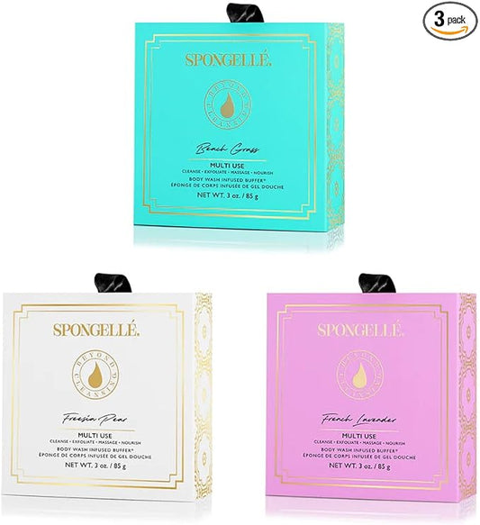 Spongelle Wild Flower Buffer Body Scrubber Bundle with Box | Bath & Shower Loofah for Women | Exfoliator with Body Wash Infused | 14+ uses (Beach Grass, French Lavender, Freesia Pear)