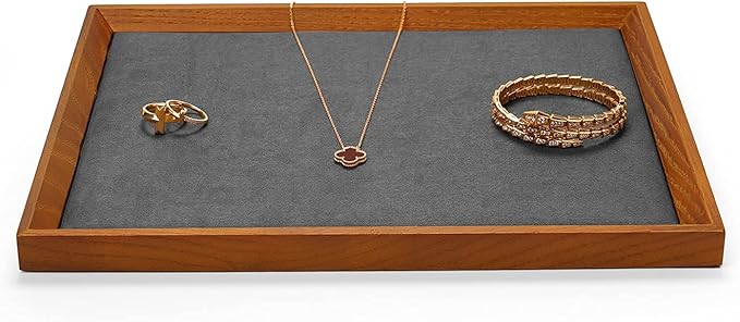 Oirlv Solid Wood Flat Jewelry Tray, Rectangle Jewelry Display Tray, Drawer Dresser or Nightstand Organizer, Microfiber Valet Tray, Catchall Tray(Grey, Large)