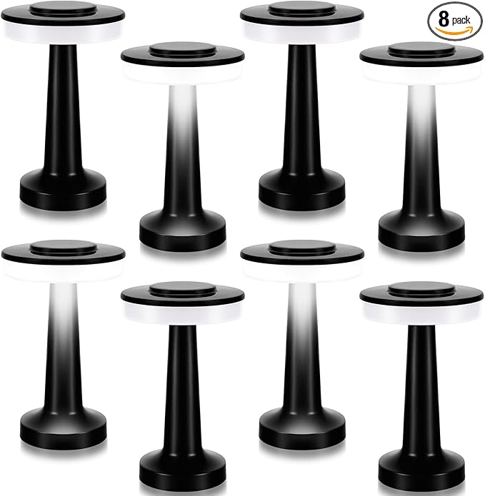 VIHOSE 8 Pcs Black Cordless Table Lamps LED Portable Rechargeable Table Lamp with Touch Sensor 3 Color Dimming up to 15 Hours Battery Desk Light for Restaurant Nursery Living Room