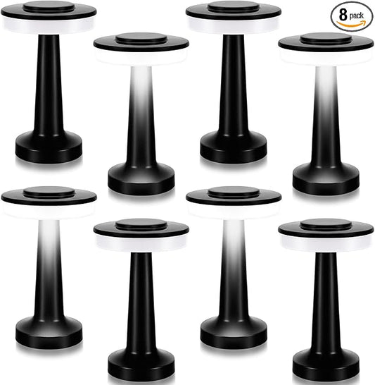 VIHOSE 8 Pcs Black Cordless Table Lamps LED Portable Rechargeable Table Lamp with Touch Sensor 3 Color Dimming up to 15 Hours Battery Desk Light for Restaurant Nursery Living Room
