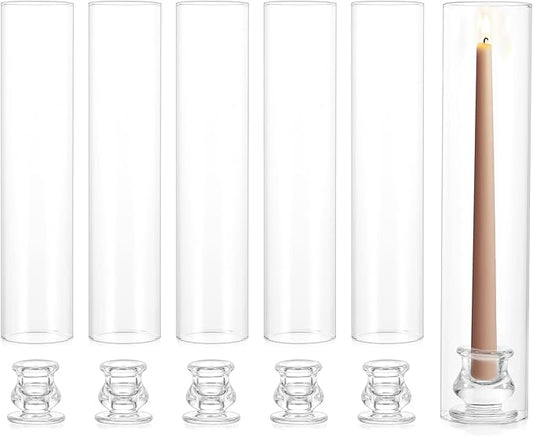 NUPTIO Candle Stick Candle Holder: Set of 6 Glass Hurricane Taper Candleholder - Bulk Candlestick Stand with Tall Cylinder Chimney for Thanksgiving Christmas Holiday Table Decoration