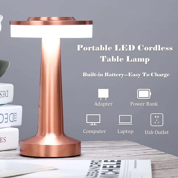 VIHOSE 8 Pcs Cordless Table Lamps LED Portable Rechargeable Table Lamp with Touch Sensor 3 Color Dimming up to 15 Hours Battery Desk Light for Restaurant Nursery Living Room (Rose Gold)