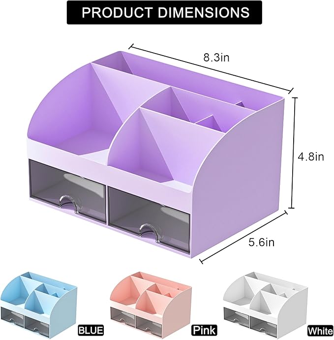 Desk Organizer with 6 Compartments and 2 Drawers, Plastic Makeup Organizer, Pen Holder for Desktop Storage, Desk Organization for School, Home, Office Supplies (Purple)