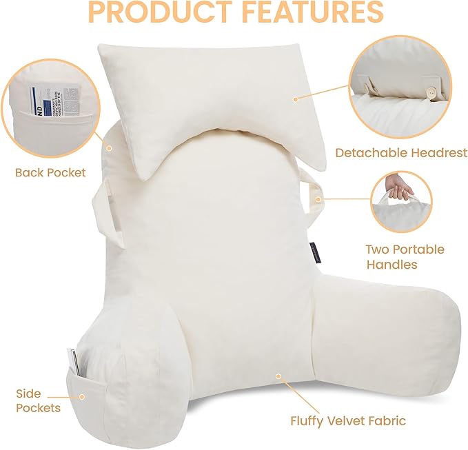 Portable Reading Pillows with Headrest for Bed Sitting Up(Beige Oeko-Tex), Velvet Back Pillow with Arms & Pockets for Adults, Support Memory Foam Bed Pillow for Dorm/Reading/Watching/Gaming