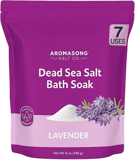 Aromasong Dead Sea Salt for Soaking with Natural Lavender Essential Oil – 14 Oz. Spa Bath Salt Fine Grain 7 Uses Per Pack - for Body Wash Scrub - Soak for Women & Men for Tired Muscles & Skin Issues