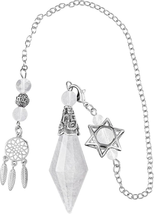 TUMBEELLUWA Reiki Healing Crystal Point Pendulum Dowsing Divination, Reiki Meditation Faceted Stone Pendant with Dream Catcher and Merkaba Star Chain, Rock Crystal