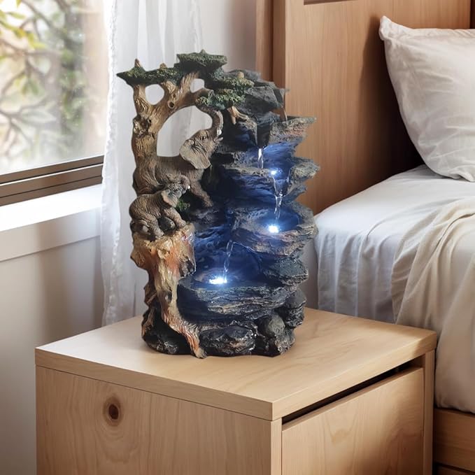Water Fountain Indoor, Desktop Fountain Waterfall,Elephant Sculpture Layered LED Lighting. Indoor Office and Home Decorations Suitable for Creating a Peaceful Atmosphere.