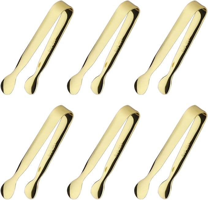 6PCS Ice Tongs Mini Sugar Tongs 4.25Inch Stainless Steel Small Serving Tongs, Small Kitchen Tiny Tongs for Appetizers,Tea Party, Coffee Bar, Desserts (Gold)