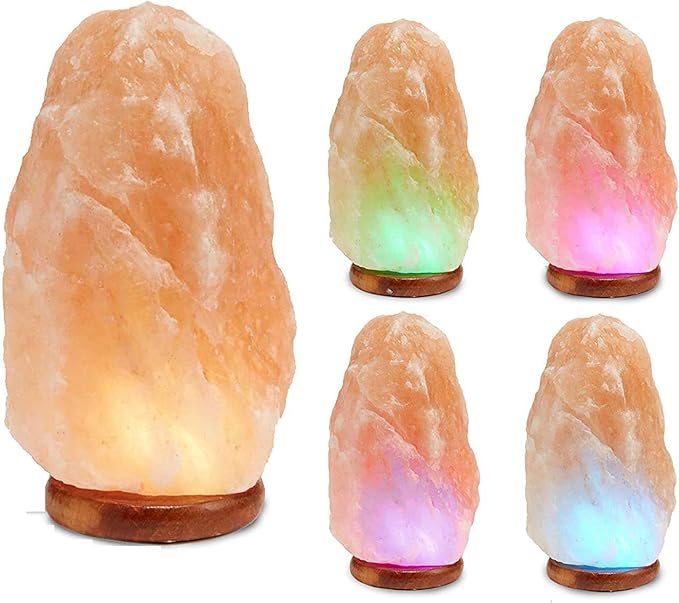 Color-Changing Himalayan Salt Lamp – 7" Tall Pink Salt Rock Lamp with USB Adaptor, Dimmer, Wooden Base – Night Light for Bedroom, Desk & Home Décor by Salacia