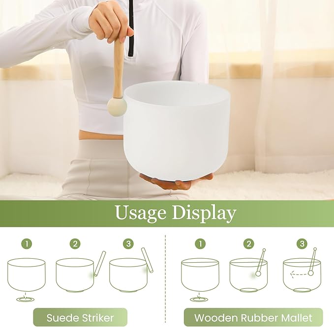 432HZ 9 Inchs Frosted Crystal Singing Bowl Set for Meditation Healing Yoga Chakra Quartz Crystal Sound Bowls with Heavy Duty Carry Case and Rubber Mallet,Suede Striker,O-rings