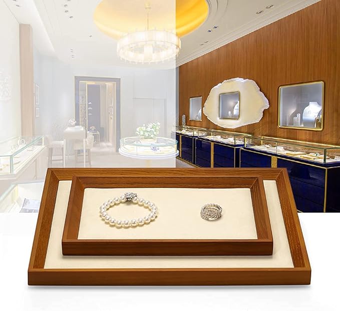 Oirlv Solid Wood Small Jewelry Tray Trade Showcase Countertop Jewelry Display Trays Rectangle Vanity Plate(Creamy-White, Small)