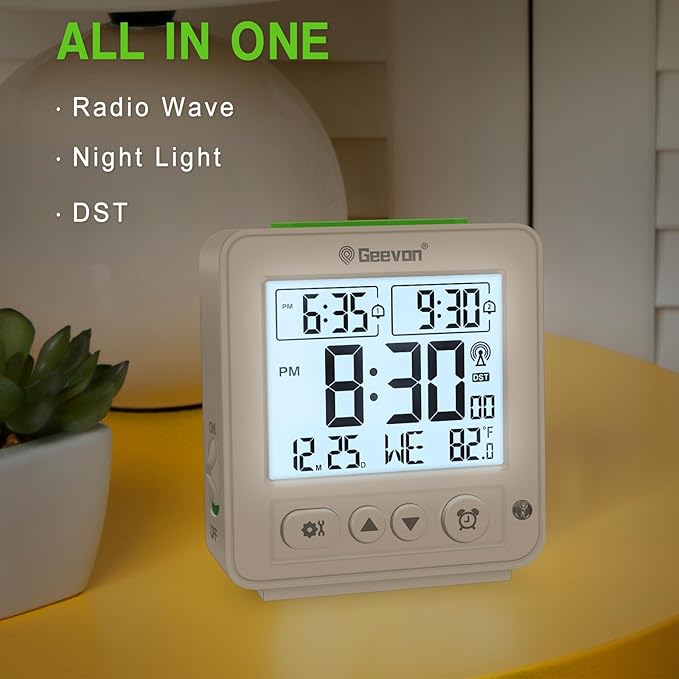 Geevon Small Digital Atomic Alarm Clock for Bedroom, Travel Table Clock with Auto/8s Backlight, 2 Alarm, Temperature, Desk Clock Battery Operated for Deep Sleepers Kids Elderly Home Office, White
