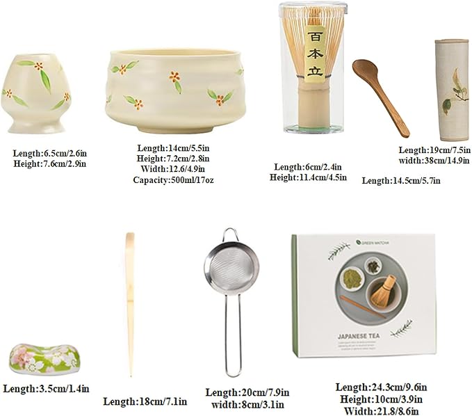 Ceramic Matcha Whisk Set, Complete Matcha Set-8PCS for Ceremonial Grade Matcha, Tea Gifts for Tea Lovers for Christmas, Birthday, Halloween (Light Cream Color)