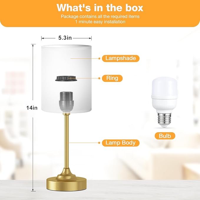 Fenmzee Gold Nightstand Bedroom Lamp - 3 Way Dimmable Bedside Lamp, Small Table Lamp Linen Lampshade for Office Desk, LED Bulb Included