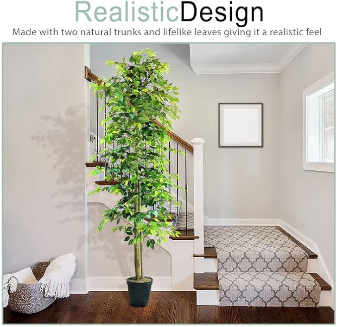 Artificial Ficus Tree in Black Plastic Pot - Real Wood Trunk, Preassembled, No Maintenance Indoor Faux Plant - Living Room, Home & Office Decor (10ft Tall)