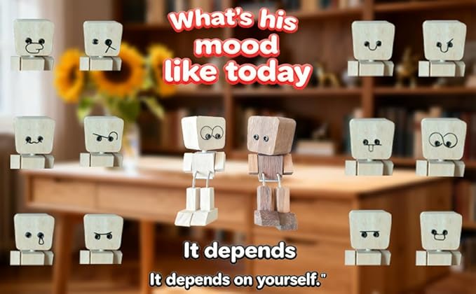 Shaking Wooden Man Figurine - Battery-Free Physics-Driven Rocking Decor with 12 Magnetic Expressions, Handcrafted Natural Wood for Car Dashboard, Office Desk, Home Shelf (Beech)