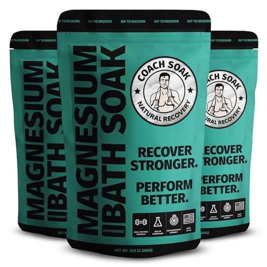 Coach Soak Recovery Bath Soak - Alternative to Epsom Salt Bath Soak - Fast-Absorbing Pure Magnesium Flakes with 21 Minerals, Bath Salts & Essential Oils - 9 lb (3 Pack) - Cooling Peppermint