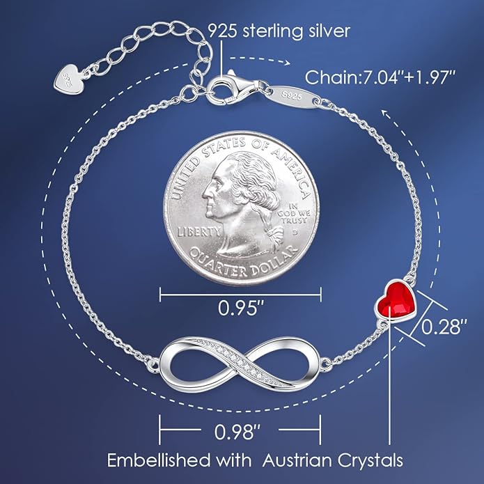 CDE Infinity Heart Birthstone Charm Link Bracelet for Women 925 Sterling Silver Adjustable Mother's Day Gift Anniversary Birthday Jewelry for Wife Girlfriend Her