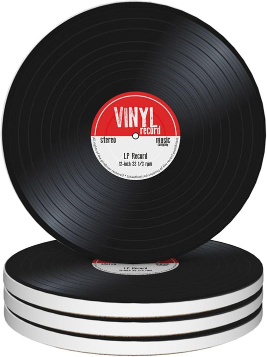 Drinks Coasters Set of 4, Old Record Player Music Round 4" Cup Coasters, Absorbent Ceramic Stone Coasters with Cork Base, Cute Coasters for Table Home Décor, Ideal Gifts for Women Men