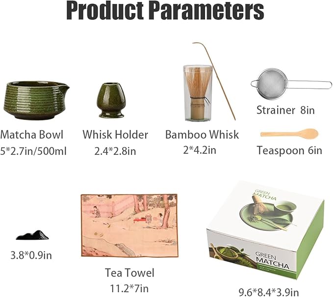 8 Pcs Matcha Whisk Set, Ceramic Matcha Whisk Holder, Ceramic Bowl with Spout, Matcha Ceremony Accessory, Home Kitchen Decor Tea Gifts for Birthdays, Halloween and Christmas (Dark Green)