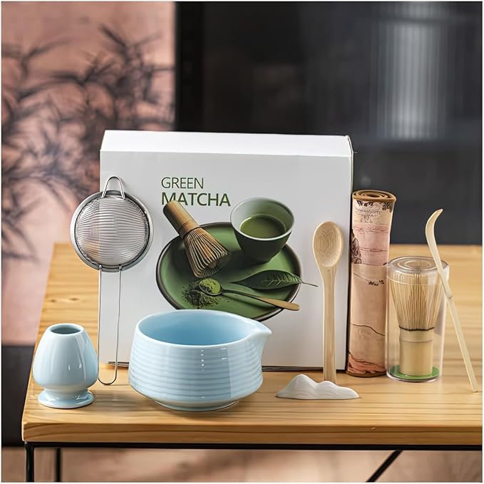 8 Pcs Matcha Whisk Set, Ceramic Matcha Whisk Holder, Ceramic Bowl with Spout, Matcha Ceremony Accessory, Home Kitchen Decor Tea Gifts for Birthdays, Halloween and Christmas (Blue)