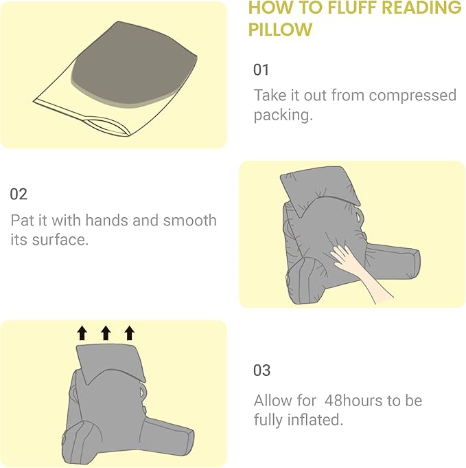 Portable Reading Pillows with Headrest for Bed Sitting Up(Yellow Oeko-Tex), Velvet Back Pillow with Arms & Pockets for Adults, Support Memory Foam Bed Pillow for Dorm/Reading/Watching/Gaming