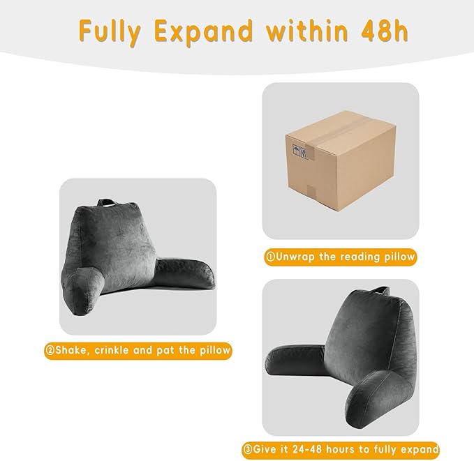 Reading Pillow for Sitting in Bed Adult, X-Large Reading Pillow with Shredded Memory Foam, Back Pillow for Sitting Up with Extend Arms, Pockets, Bed Pillow with Washable Cover, Grey