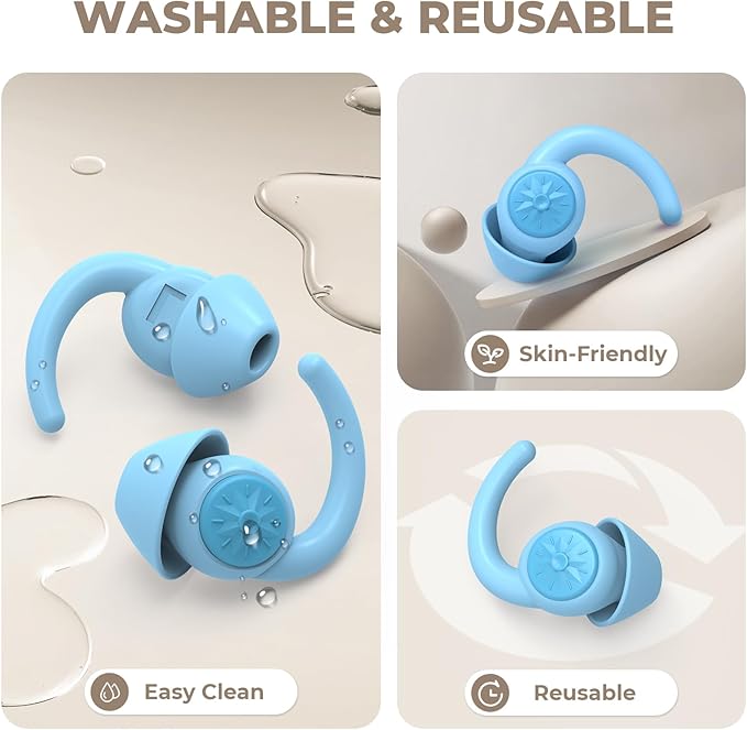 Ear Plugs for Sleeping: Reusable Earplugs for Sleep, Snoring Blocking, Concert, Travel, Airplane, 2 Pairs Washable Soft Silicone Noise Cancelling Ear Plugs (Light Blue)