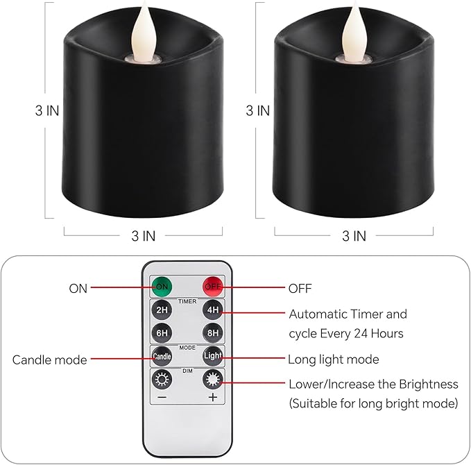 3x3 Flickering Flameless Candles Set of 2, Real Wax LED Candles,with Timer, 3 inch Flameless Candles with Remote,Battery Operated Candles, for Party/Wedding,Black